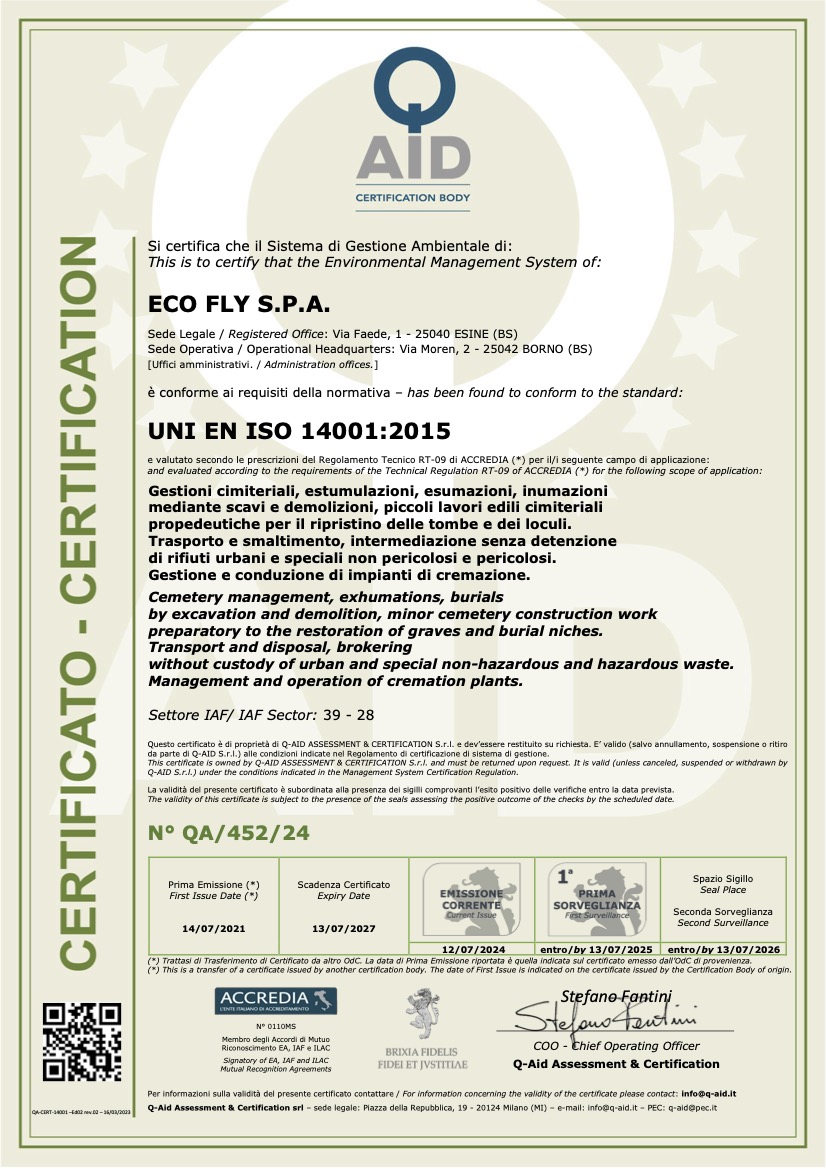 ECO FLY s.p.a. - UNI EN ISO 14001:2015 Certificato QA/452/24