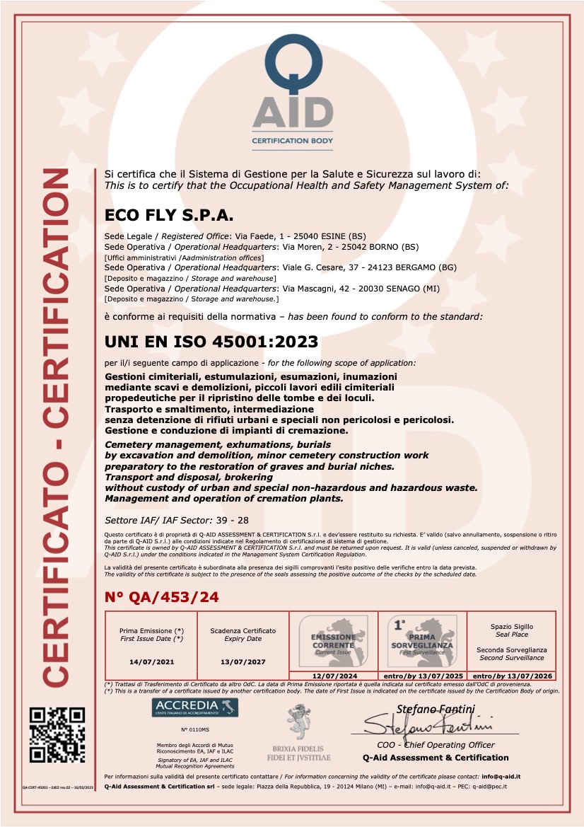 ECO FLY s.p.a. - UNI EN ISO 45001:2023 Certificato QA/453/24